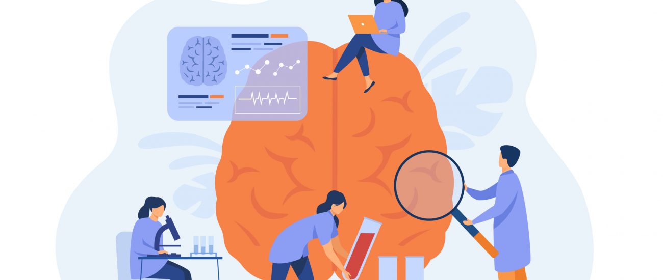 Doctors doing medical research on human brain and testing blood samples. Scientists studying brain and memory, collecting data. Vector illustration for experiment, laboratory, science concept